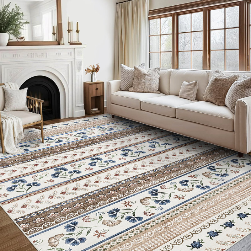 Floral Machine Washable Rug with Rubber Non-Slip Backing for Living Room, Dining Room, Bedroom, Office & Playroom