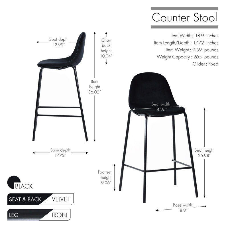 Lazio Velvet Bar Stool with Iron Legs, Black, Bar Stool (29.13” Seat Height)