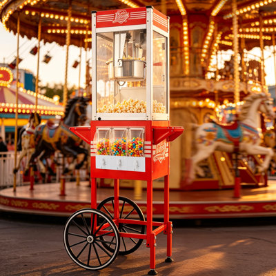 Machine à maïs soufflé commerciale 12 oz avec chariot, machine à maïs soufflé électrique à 3 boutons de contrôle, livrée avec 3 boîtes de rangement de bonbons et 3 cuillères en plastique.