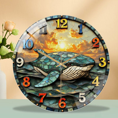 Whale Mosaic Wall Clock with Colorful Design Art - 12'' Modern Glass Wall Clock