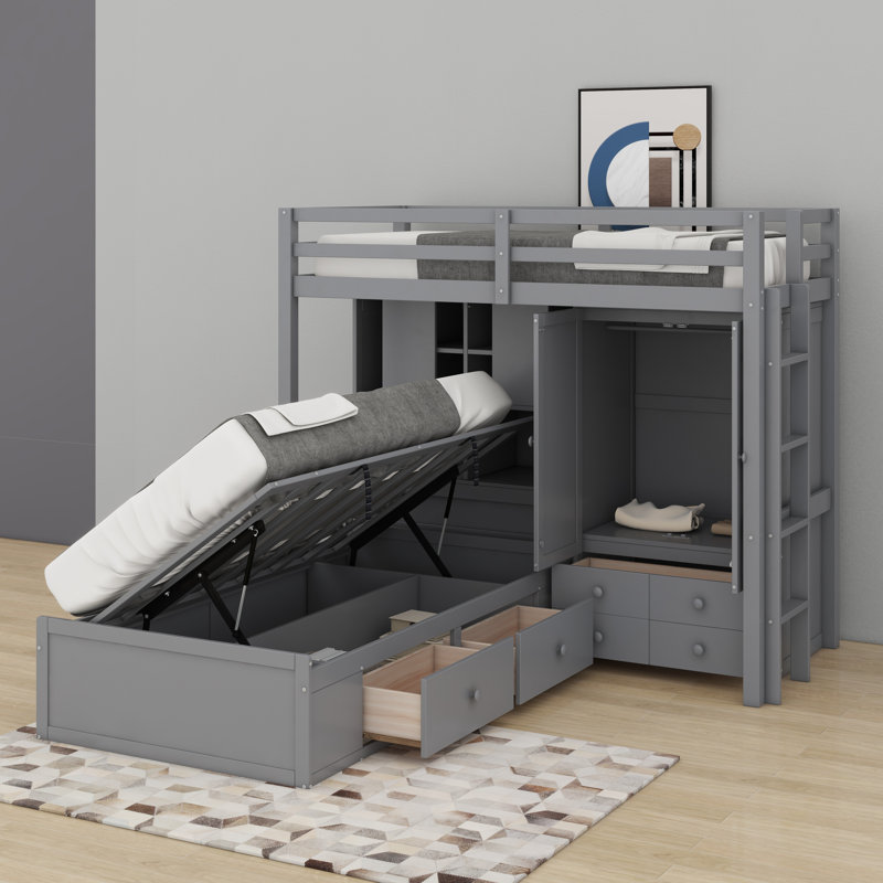 Lit superposé simple avec tiroirs, garde-robe, tablettes et lit hydraulique, gris
