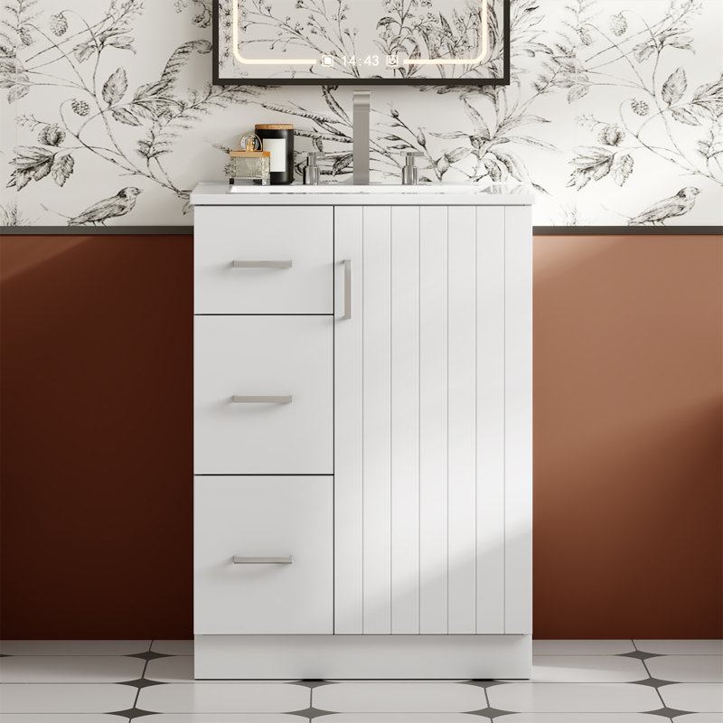 Meuble-lavabo simple 24 po avec lavabo en céramique, tiroirs et armoire à fermeture en douceur avec tablette réglable, Blanc