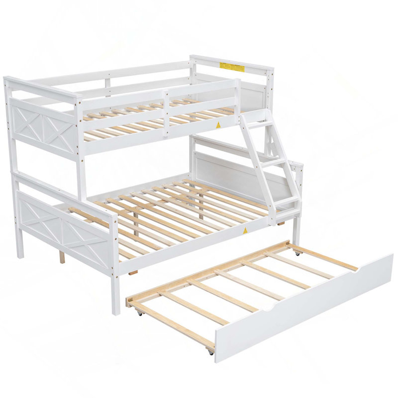 Lit superposé simple au-dessus d'un lit double avec barrière de sécurité en échelle et lit gigogne simple pour une utilisation polyvalente et peu encombrante