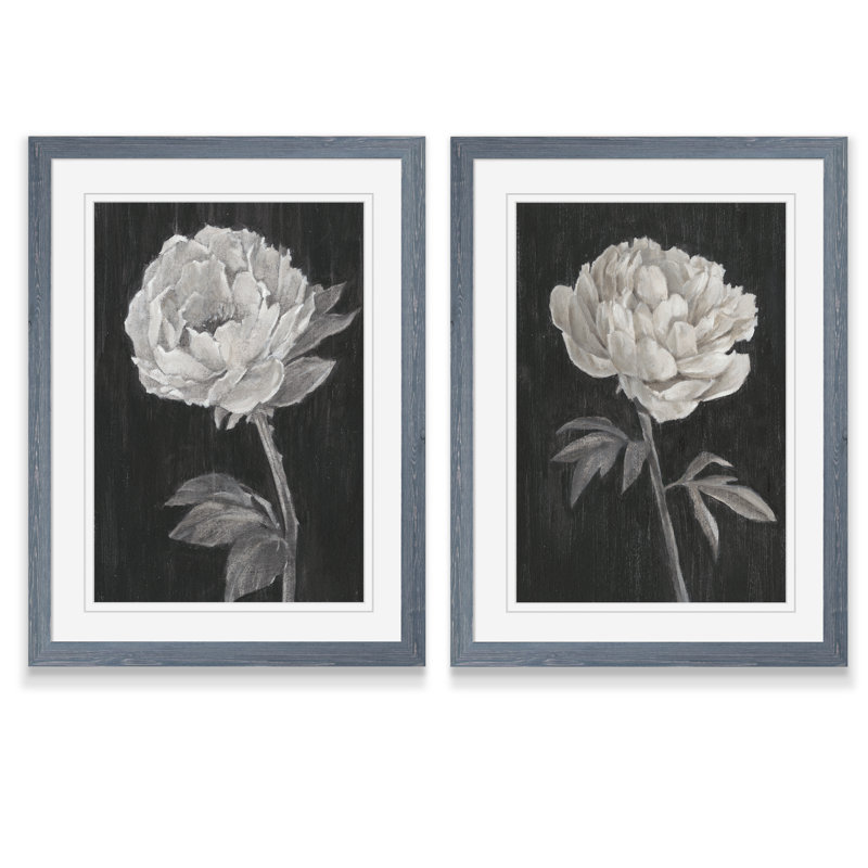 «Black and White Flowers I», ensemble de 2 reproductions d'art encadrées, H 20 po x l 16 po x P 1,25 po, Encadré gris, Blanc