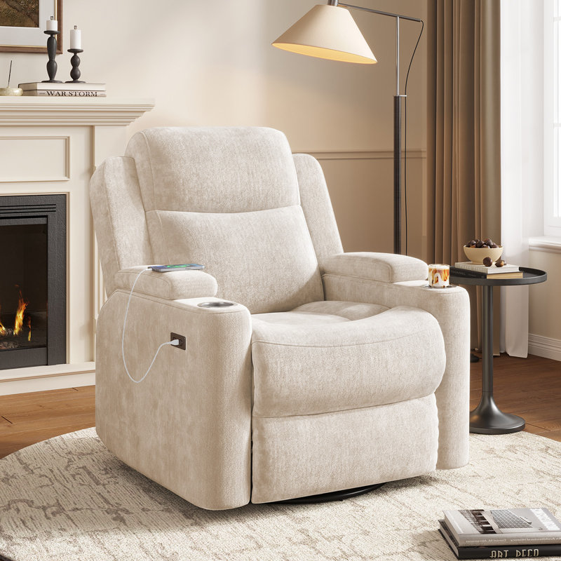 34.84" Wide Soft Chenille Power Recliner Chair with Swivel Function, Double Cup Holders and USB, Type-C Ports, Beige