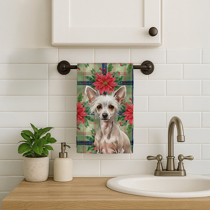 Hairless Chinese Crested Christmas PoinsettIas Kitchen Towel, Gray Hairless Chinese Crested