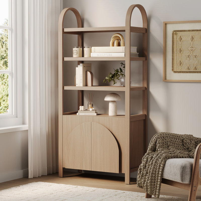 3 Tier Arched Bookshelf With Cabinet Base And Solid Wood Frame, Raw Oak