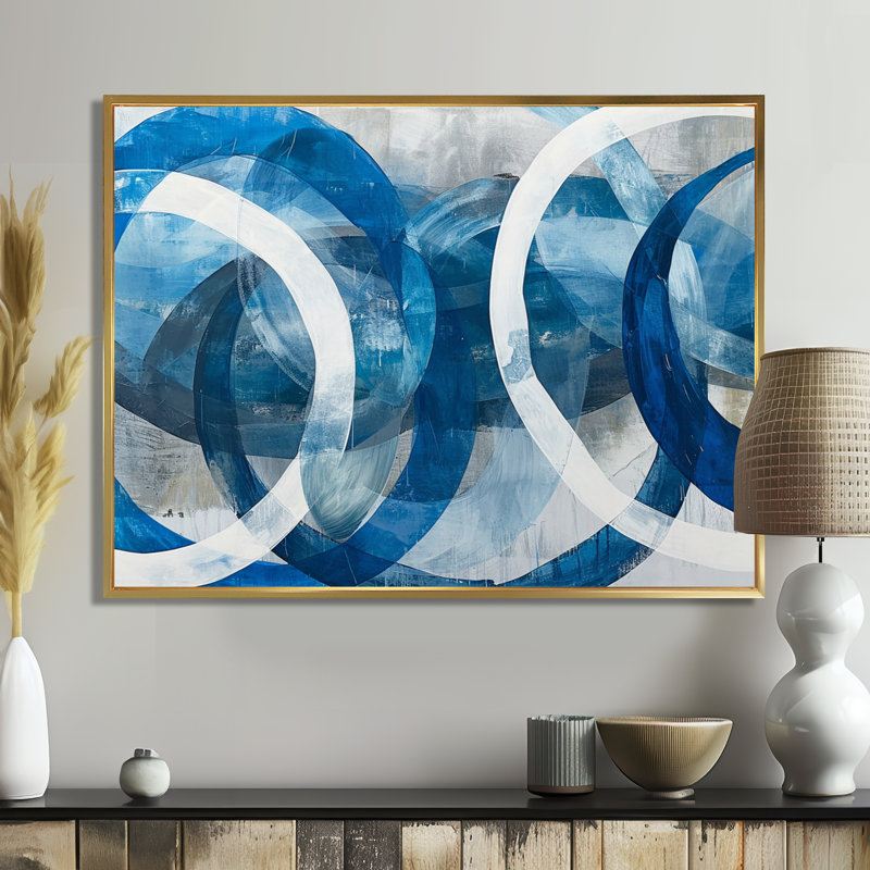 Blanc cercles bleus clairs - art mural géométrique, Toile avec cadre flottant or, H 12 po x l 20 po x P 1 po