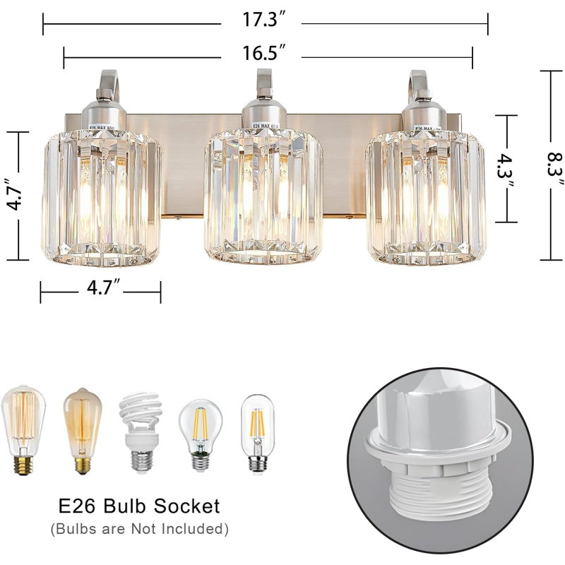 3-Lights Brushed Nickel Vanity Light Crystal