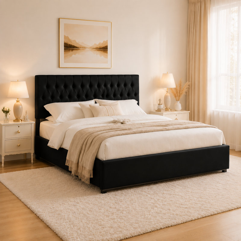4 Storage Drawers Upholstered Bed, Black, Full