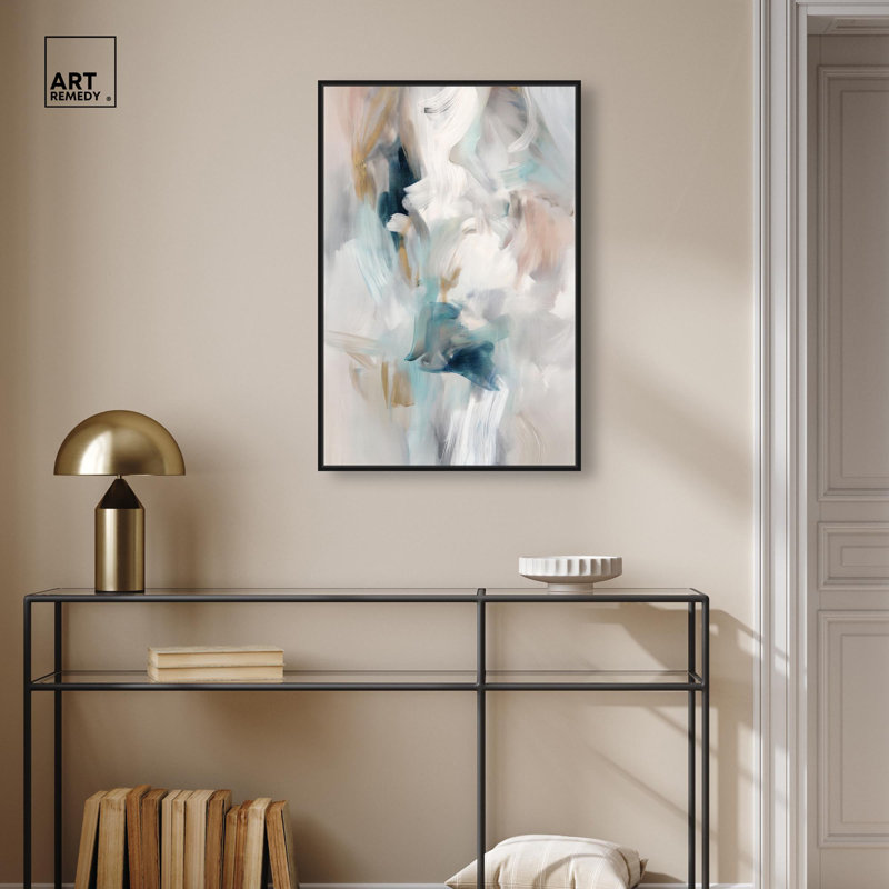 «Whispering Colors III», art abstrait vert par , H 31 po x l 21 po, Cadre flottant noir
