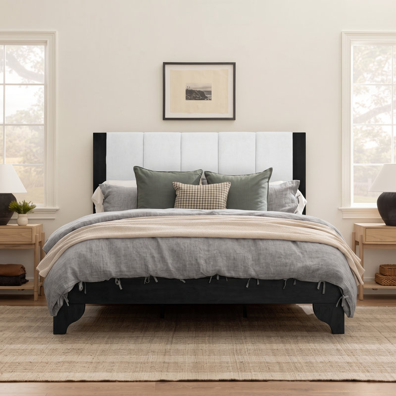 Arden Mid-Century Modern Wood Bed Frame With Green Finish And Headboard, Queen, White/Black