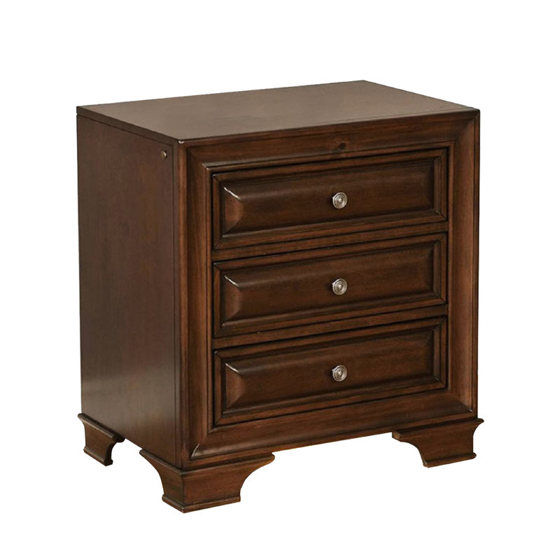 Table de chevet en cerisier brun, 3 tiroirs, / électrique, incrustation de bois, veilleuse sous-support, anglais`` Chambre / prise de courant, fabrication solide,