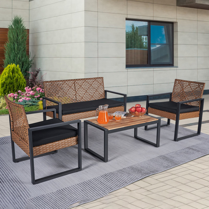 Mondy 4 - Person Patio Conversation Set with Cushions, Black, Light Brown