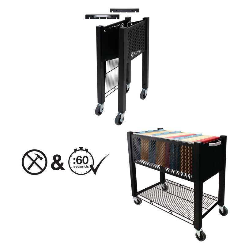 Black Steel Mobile File Cart with Push Handle and Locking Wheels
