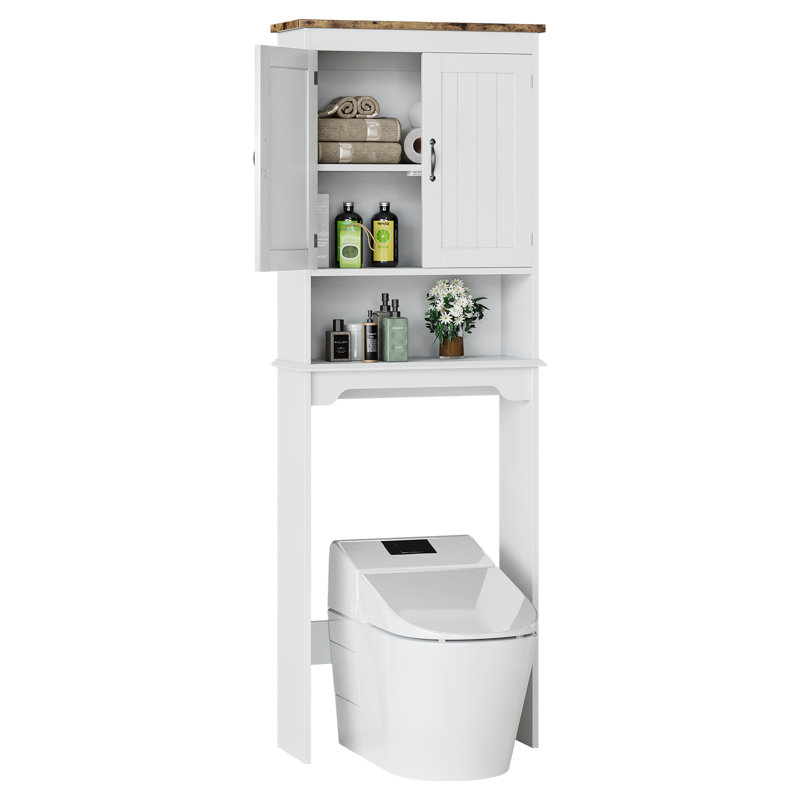 Space-Saving Over the Toilet Storage Cabinet – Double Doors, Adjustable Shelves, Open Compartment – Bathroom Organizer for Small Bathrooms – Easy Assembly – White