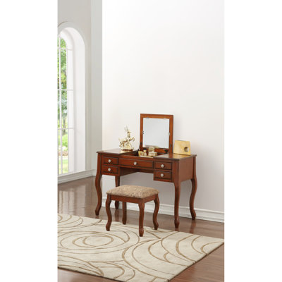 Coiffeuse et tabouret classiques, couleur cerise, décoration de chambre à coucher, options de rangement, bois d'hévéa avec construction, miroir ouvert,