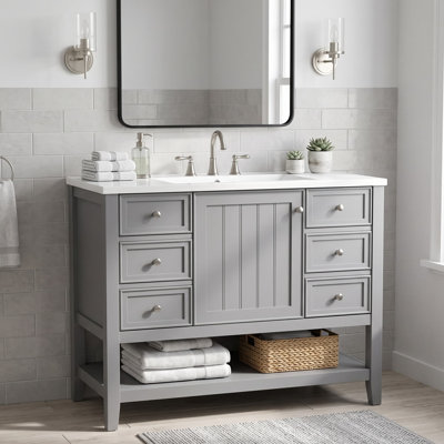 Meuble-lavabo de 91 cm avec lavabo, armoire de salle de bain grise avec tiroirs