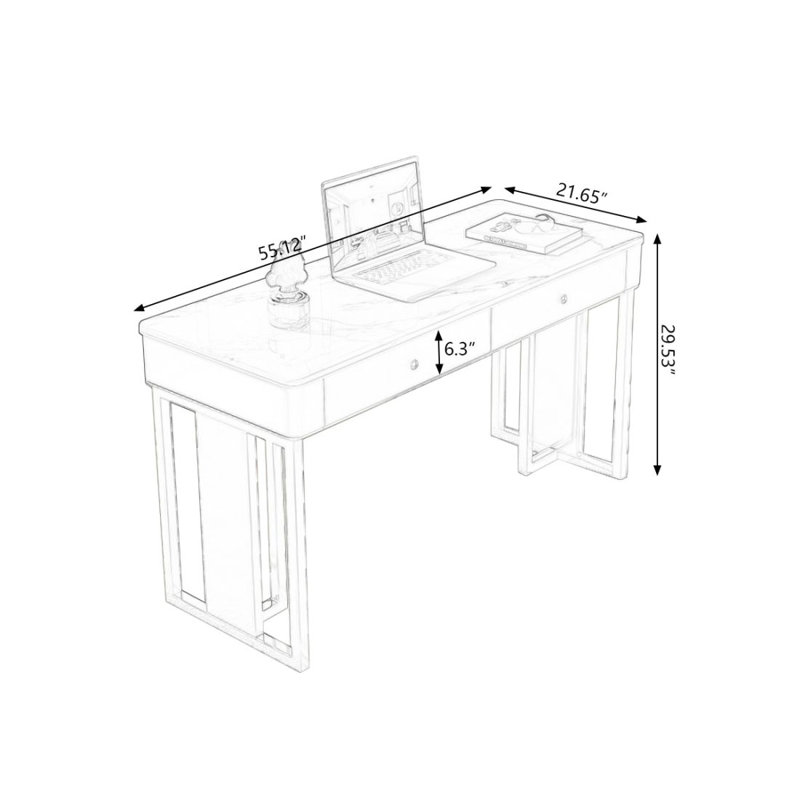 Bureau moderne moderne en tôle de roche avec tiroirs, Blanc ; doré
