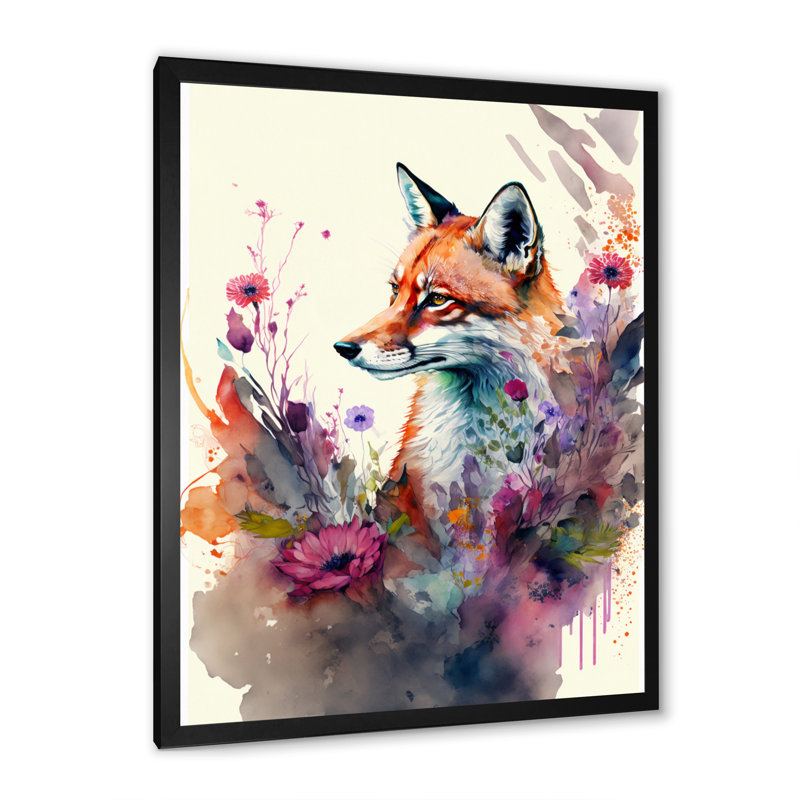 «Cute Fox Floral Art II», peinture sur toile, H 20 po x l 12 po x P 1 po, Impression noire sur toile encadrée