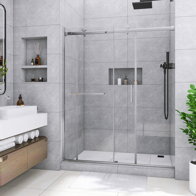 60 po X P 75 po H Porte de douche coulissante réversible semi-sans cadre au fini nickel brossé, Nickel brossé