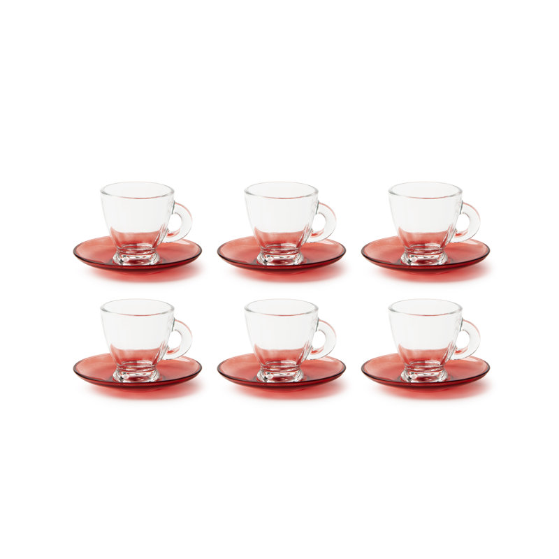 "PETRA" PACK OF 6 COLORLESS COFFEE CUPS W/ SAUCERS 9 CL, Transparent/Red