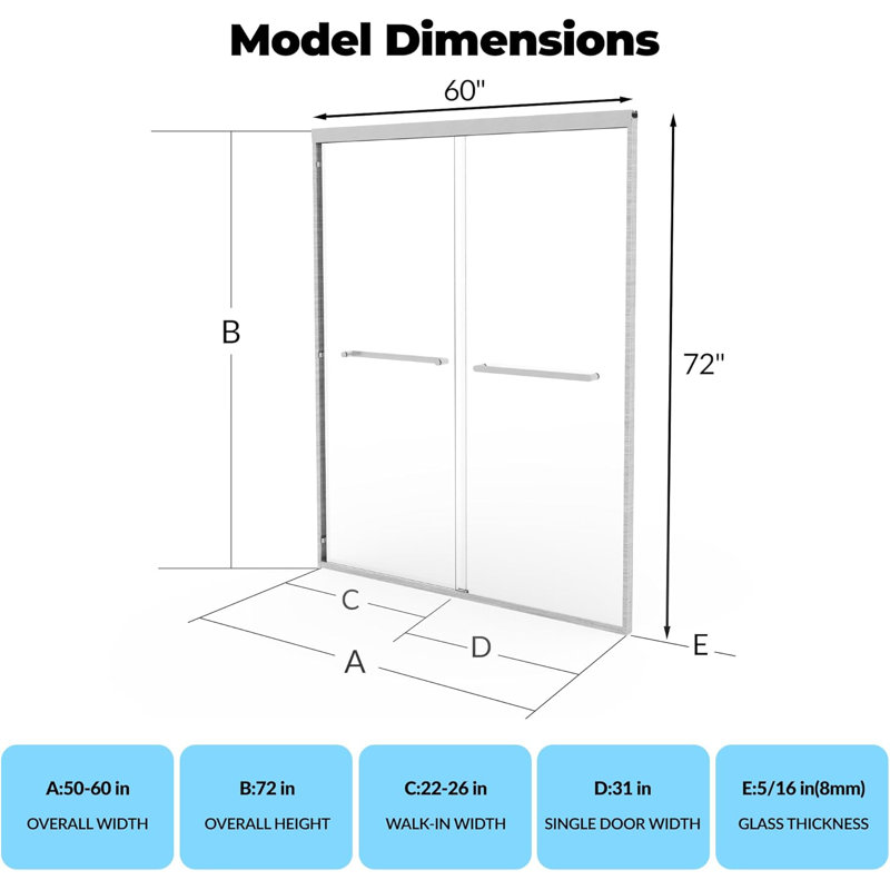 Double Sliding Shower Door, Aluminum Alloy Frame, 72" H x 60" W, 8mm Tempered Glass, Brushed Nickel, for Modern Bathroom