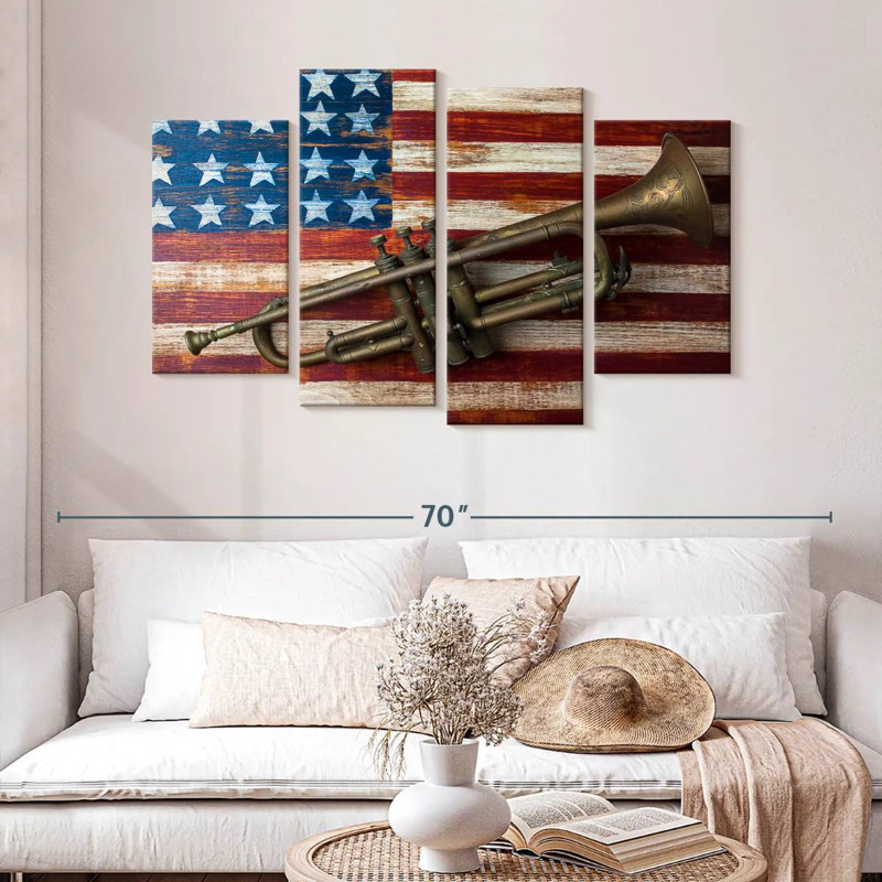 Borges Trumpet On American Flag, 32" H x 52" W