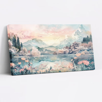 Paysage aquarelle avec montagnes, lac et fleurs, toile tendue sur châssis, ensemble de 1