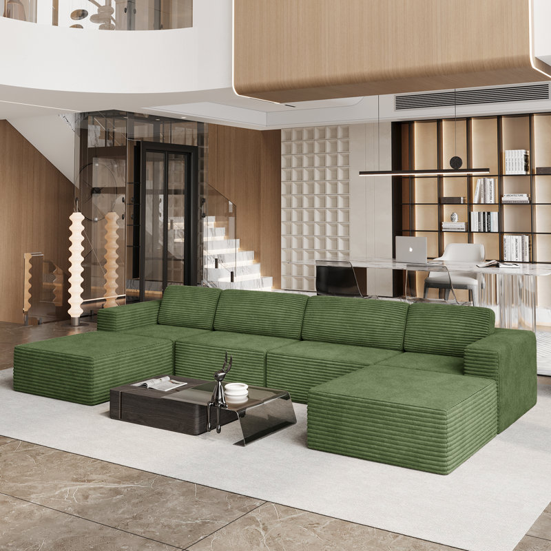 Modular Corduroy 404cm 4-seater Sofa With 2 Ottomans, No Assembly Required, With High Rebound Sponge, Green