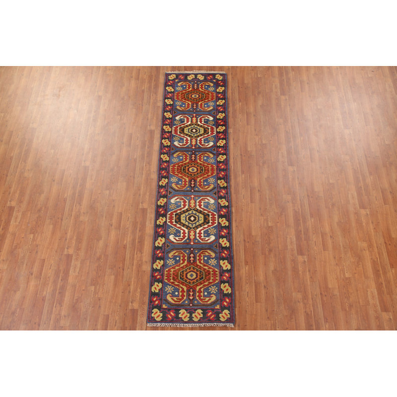 Tapis de couloir bleu en laine fait à la main 2 x 8 po