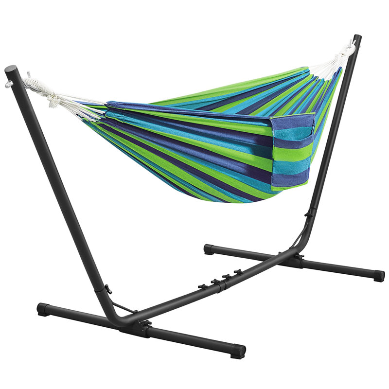Double Classic Hammock with Stand, Blue Green Stripe