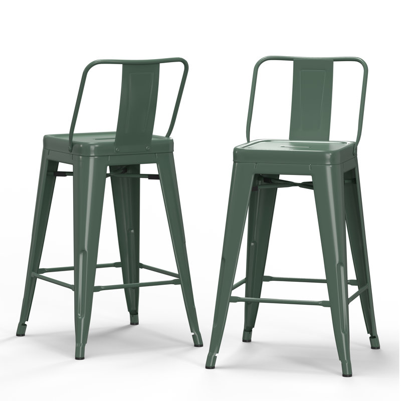 Rayne Metal Industrial Stool with Curved Back, Cross-Brace, and Footrest, Deep Sage Green, Counter Stool (24" Seat Height), 2