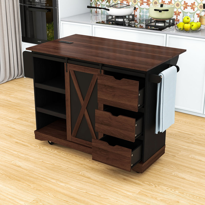 Rolling Kitchen Island with Drop Leaf, 3 Drawers, Sliding Barn Door and Adjustable Shelves, Black