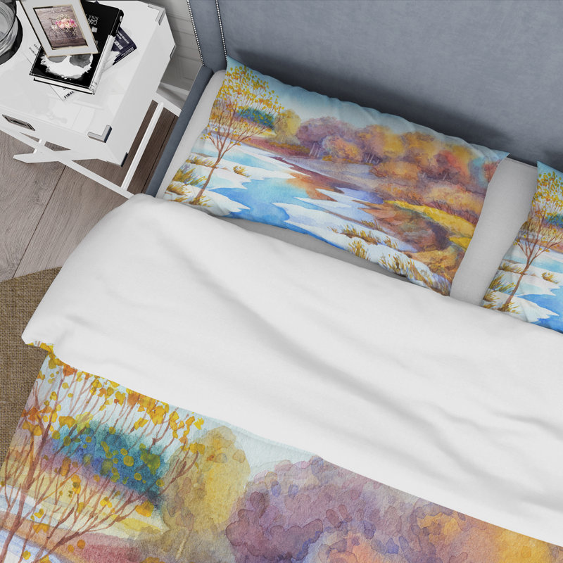 Stream In Winter Forest Valley - Ensemble de housse de couette Lake House - Microfibre de polyester