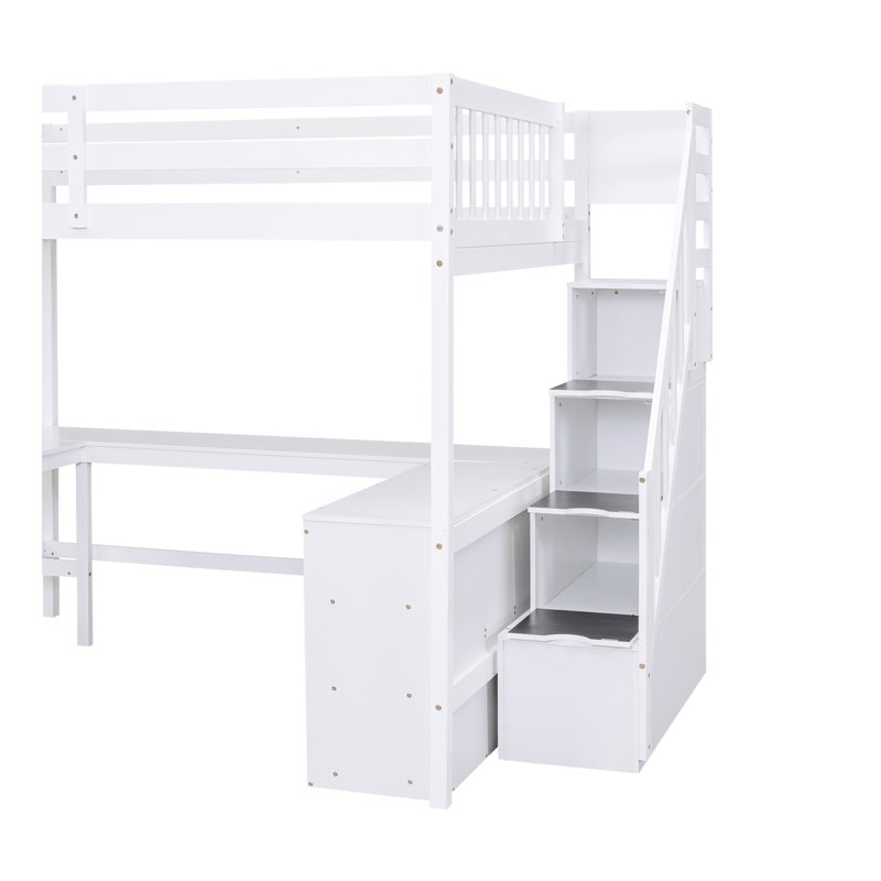 Lit mezzanine double avec bureau intégré en forme de L et tablettes de rangement à trois niveaux, et escalier de rangement attaché, blanc