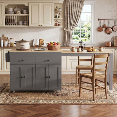 74.5" Gray Rolling Kitchen Island with Extendable Dining Table, Spice Rack, 2 Drawers & 4-Door Storage Cabinet