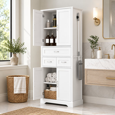 70.4" H Tall Freestanding Bathroom Linen Cabinet with 4 Doors, 3 Drawers, Adjustable Shelves and Aluminum Alloy Side Hook, White