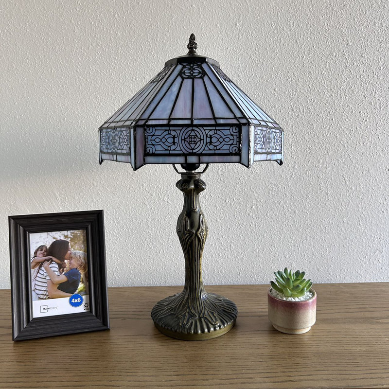 Sky Blue Hexagon Stained Glass Table Lamp with Bronze Base