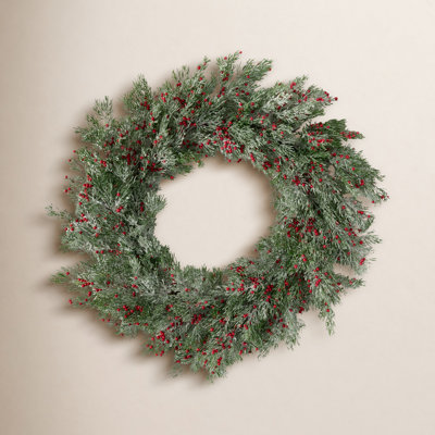 Couronne de Noël en forme de cèdre artificiel 22 po, vert-rouge