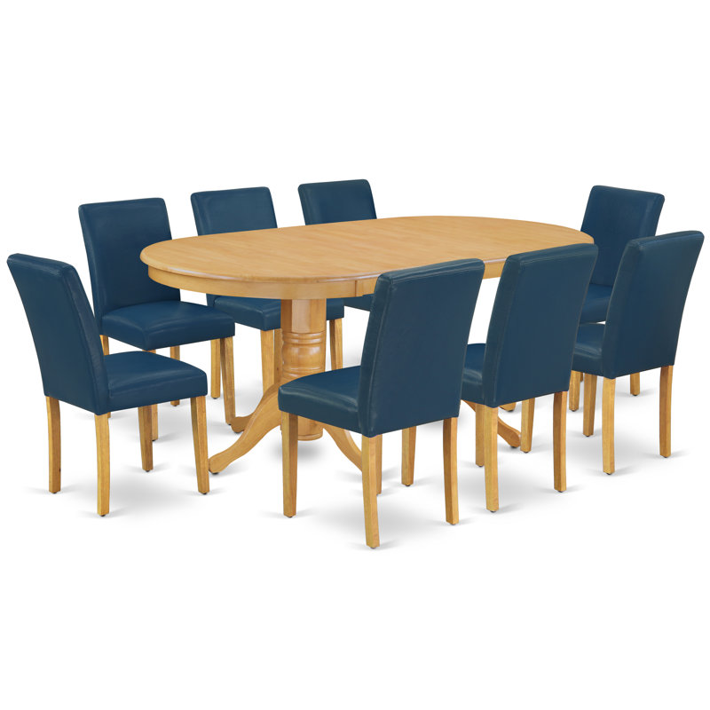 Ensemble de table de salle à manger 9 pièces moderne comprenant une table ovale en bois avec feuille papillon et 8 chaises Parson en simili cuir bleu Oasis, chêne