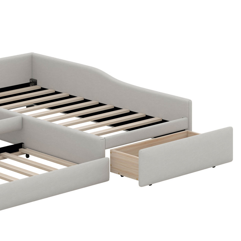 Twin Size L Shaped Bed With Trundle And Drawer, Upholstered Double Twin Size Daybed Frame, Corner Bed Frame