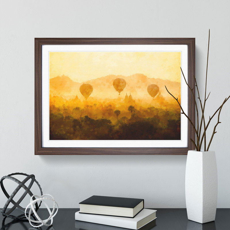 Hot Air Balloons over Myanmar - Picture Frame Painting Print, 33cm H x 45cm W x 2cm D, Walnut Framed
