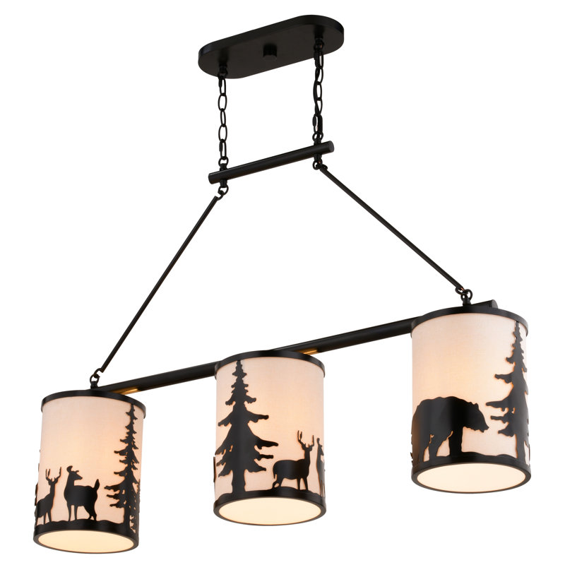 Jorene 3L Bronze Rustic Linear Chandelier Island Pendant Light Fixture Bear And Tree