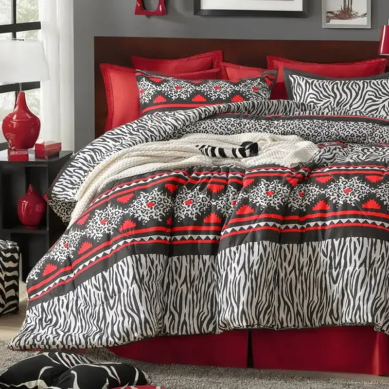Ensemble de courtepointe bohémien à motif zébré et tribal 2 pièces (taille simple) - Literie rouge vif / noir / blanc avec taie décorative