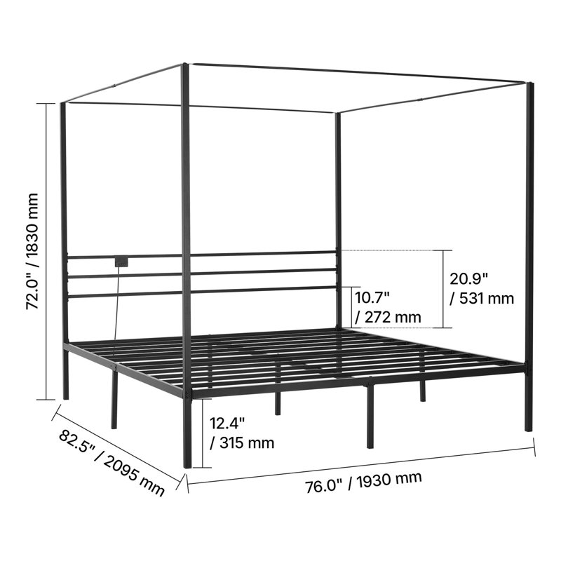 Structure de lit à baldaquin très grand, lit à baldaquin en métal avec station de charge et conception à quatre affiches, support de lattes en acier robuste, espace de rangement sous le lit, aucun sommier requis, assemblage facile, noir