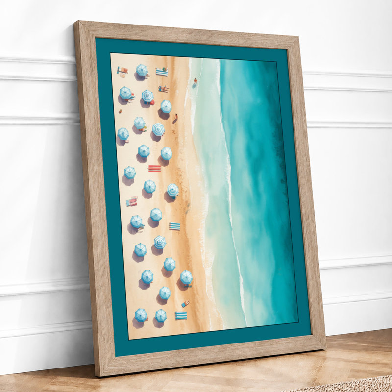 Umbrella Beach Coastal - Framed Print, A3 - 42.0 x 29.7 cm, Oak