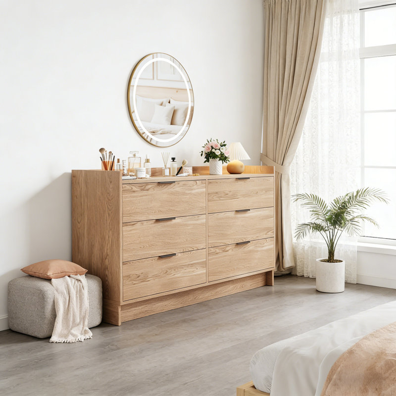 Commode moderne avec 6 tiroirs de 52,5 po de largeur avec poignée en métal, armoire de rangement double en bois avec tiroirs profonds et meuble télé.