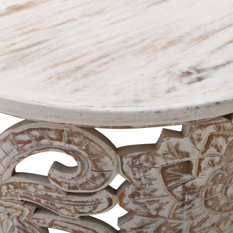 Hadlei Coffee Table Handcrafted Mango Wood Floral Carved Cut Out Design Distressed White Finish 33 Inch