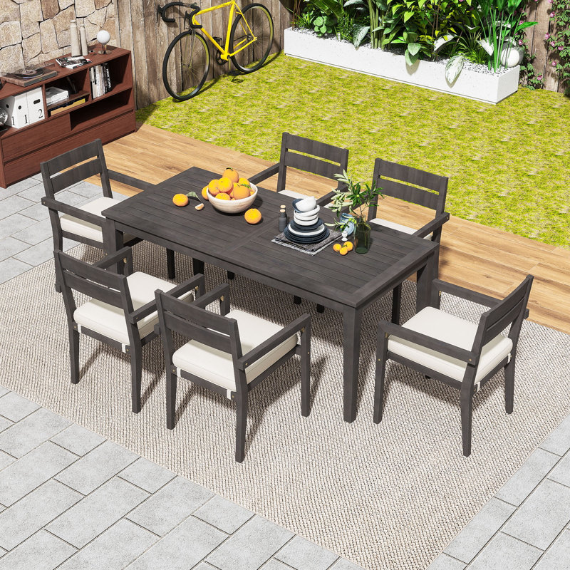 7-Piece Patio Dining Set with Outdoor Table and 6 Cushioned Chairs for Garden, Gray/Beige